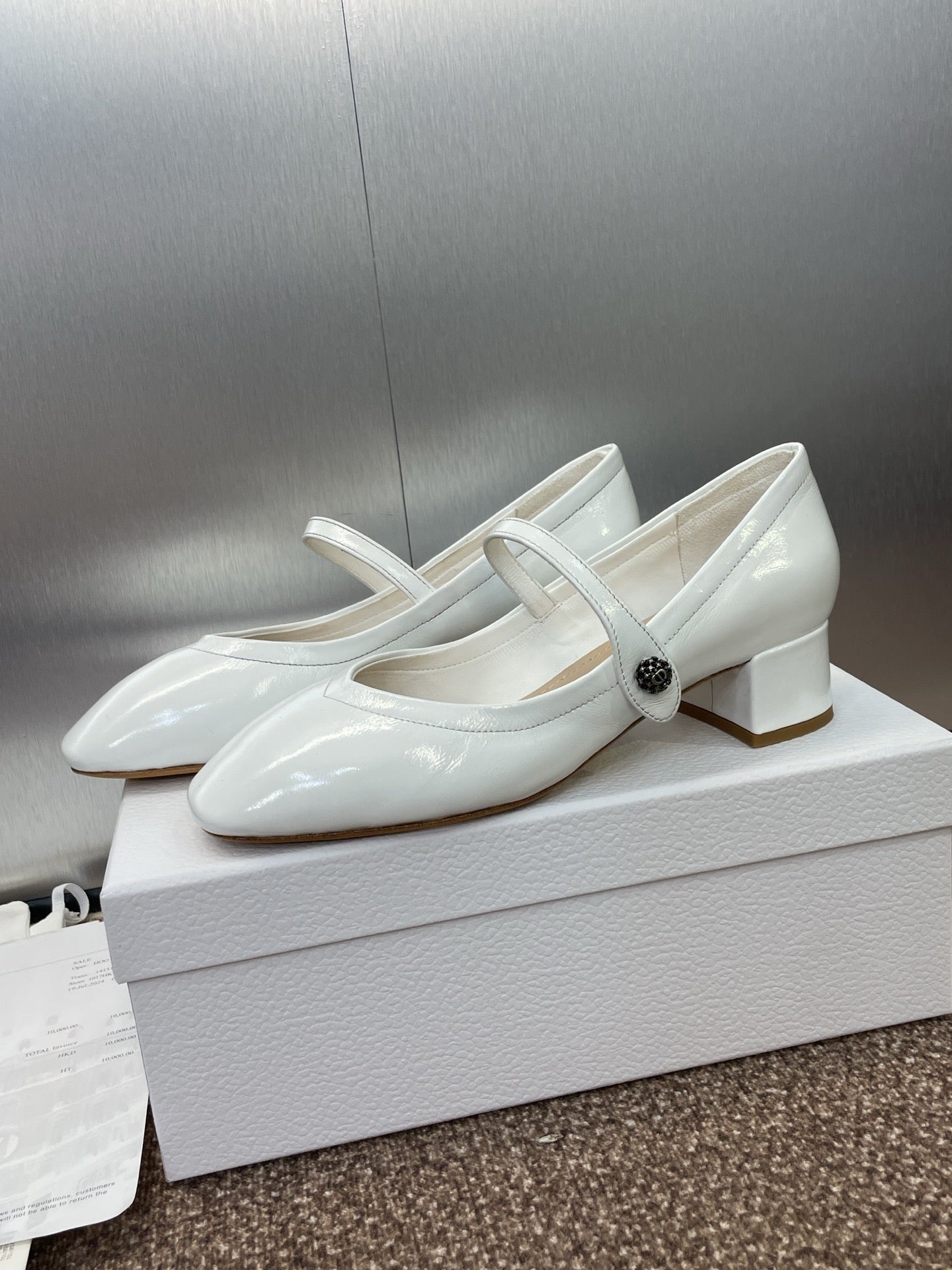 CD Chunky Heel Round Toe Ballet White Patent Leather 524206