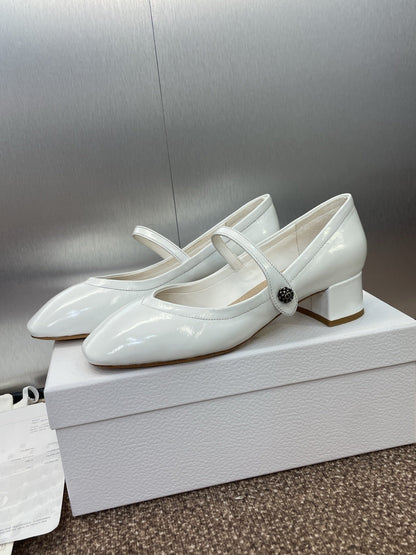 CD Chunky Heel Round Toe Ballet White Patent Leather 524206
