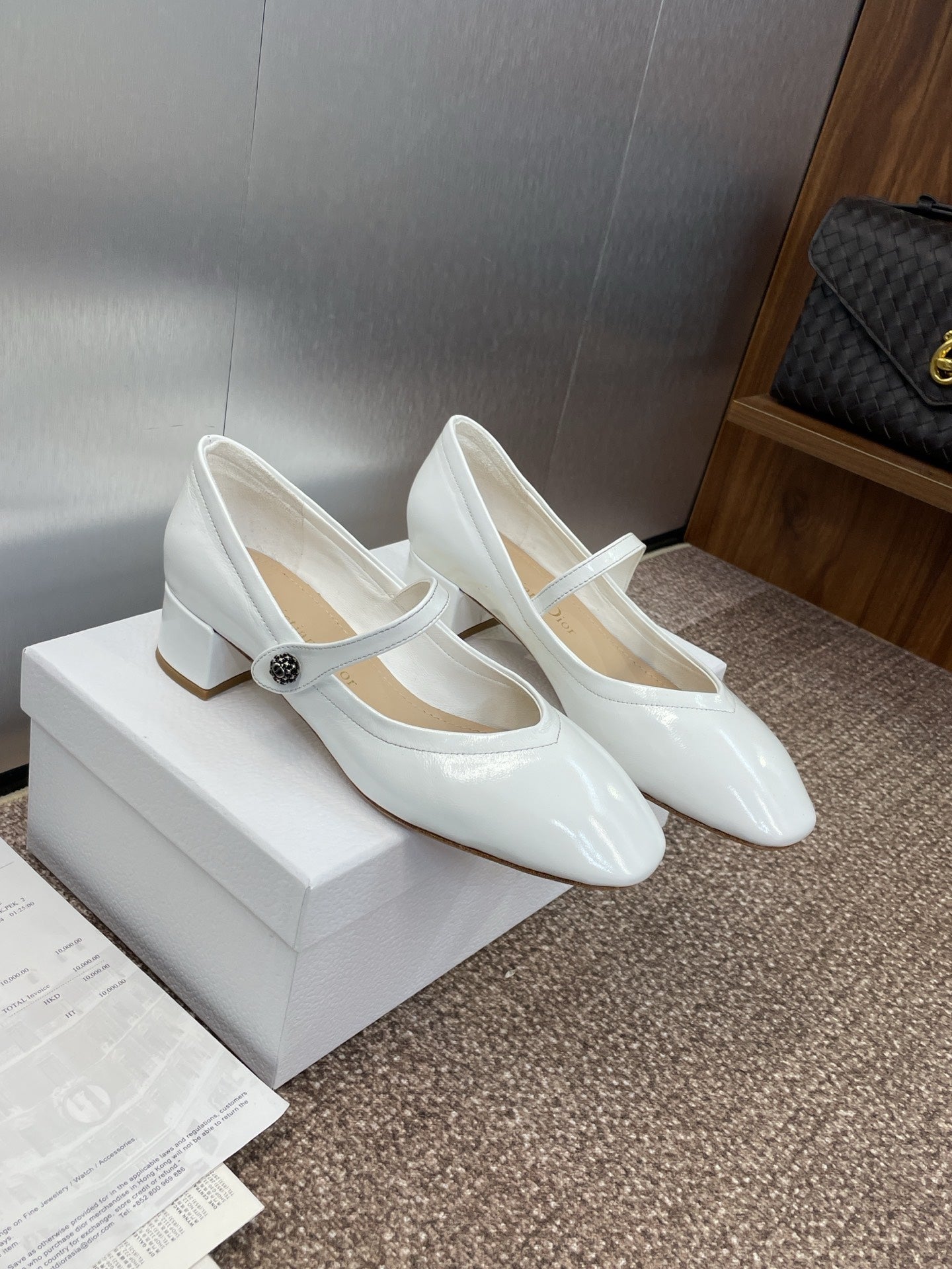 CD Chunky Heel Round Toe Ballet White Patent Leather 524206