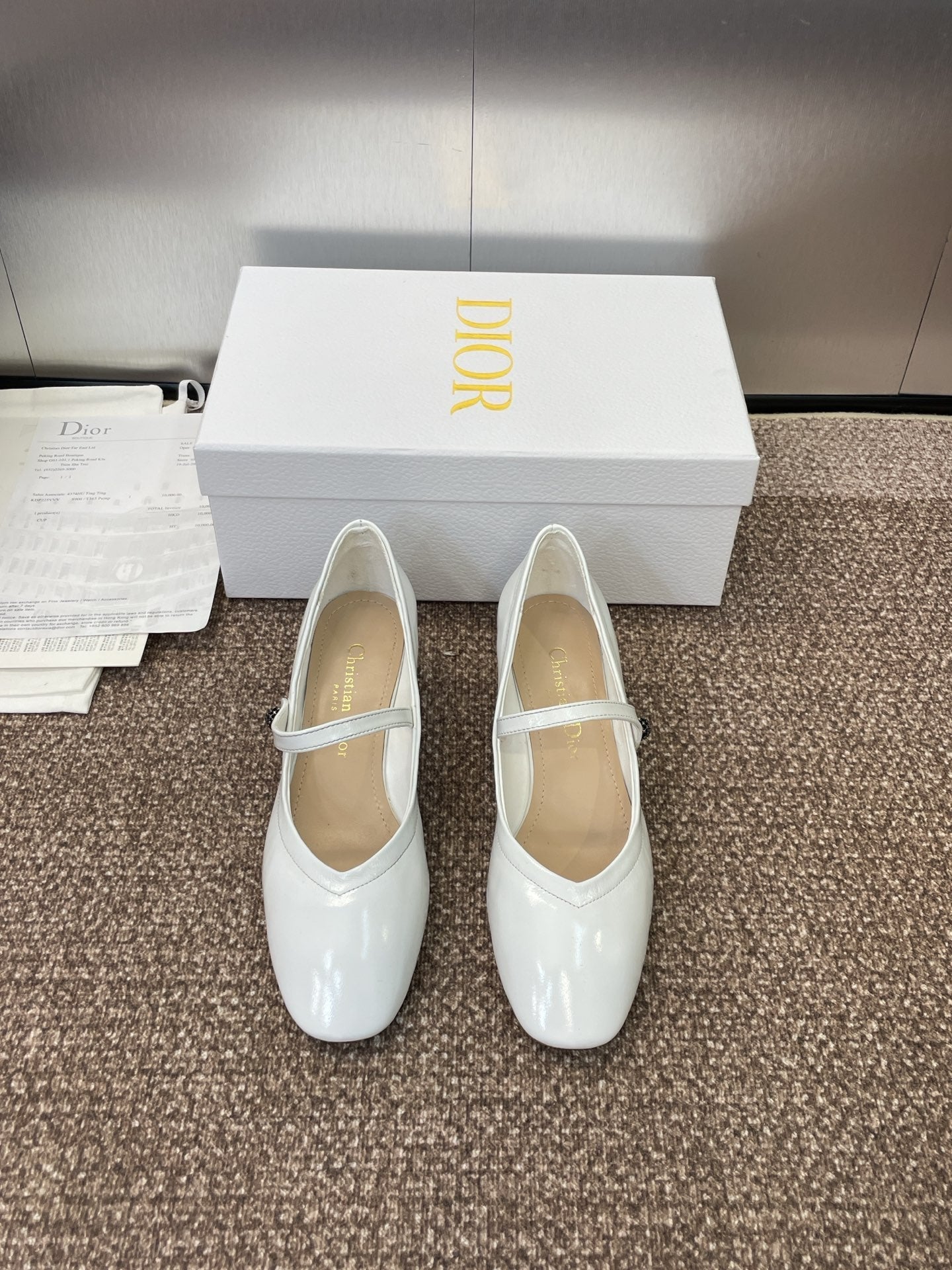 CD Chunky Heel Round Toe Ballet White Patent Leather 524206
