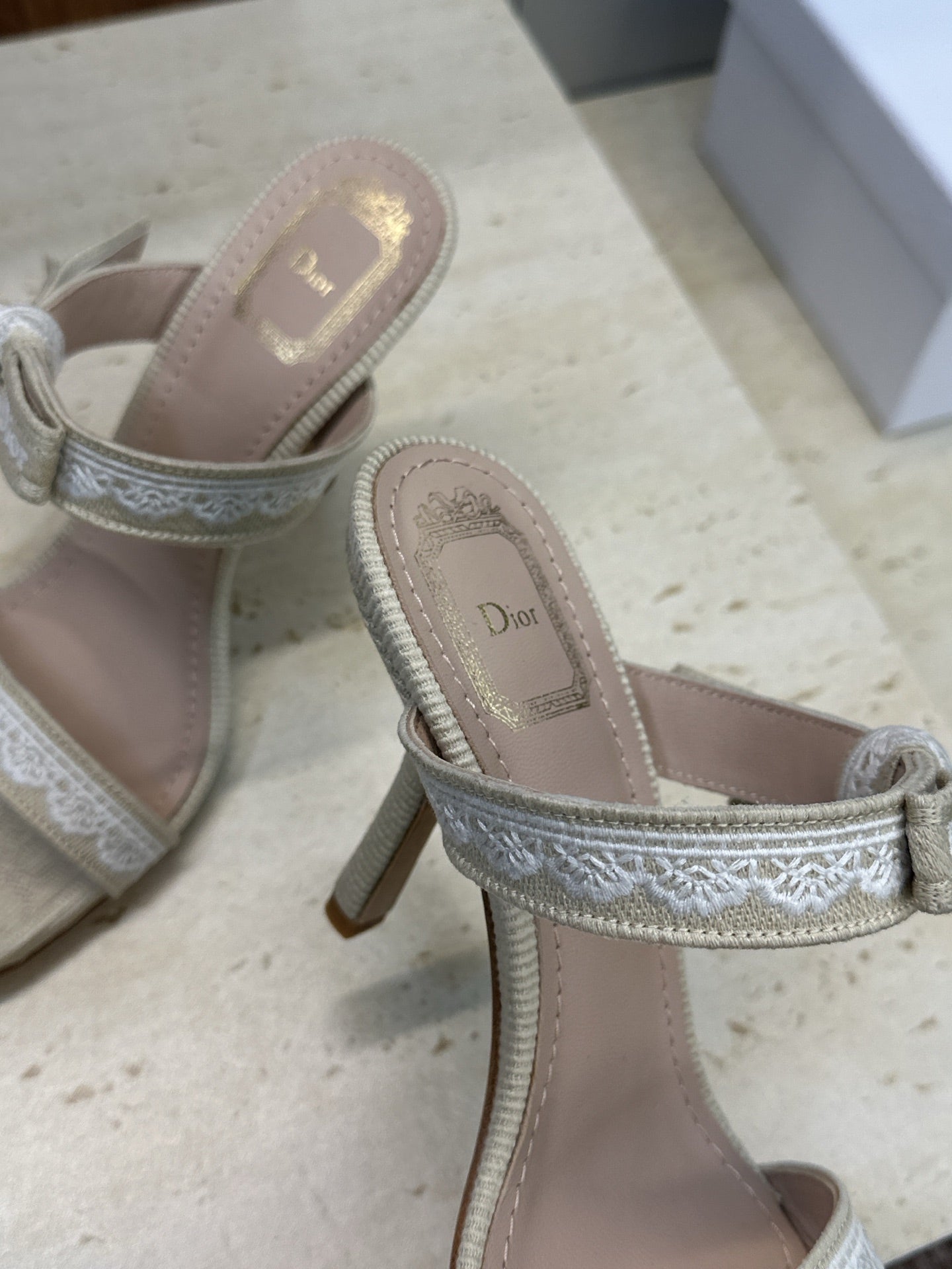 CD 26s Heeled Sandal 10cm Light Taupe Beige Leather Fabric 633068