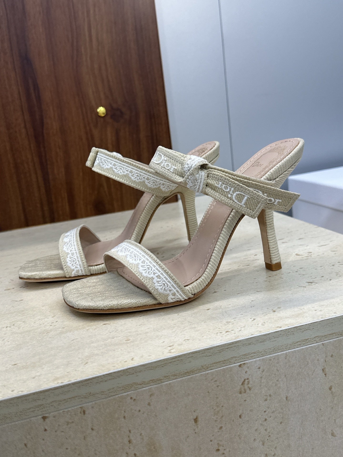 CD 26s Heeled Sandal 10cm Light Taupe Beige Leather Fabric 633068