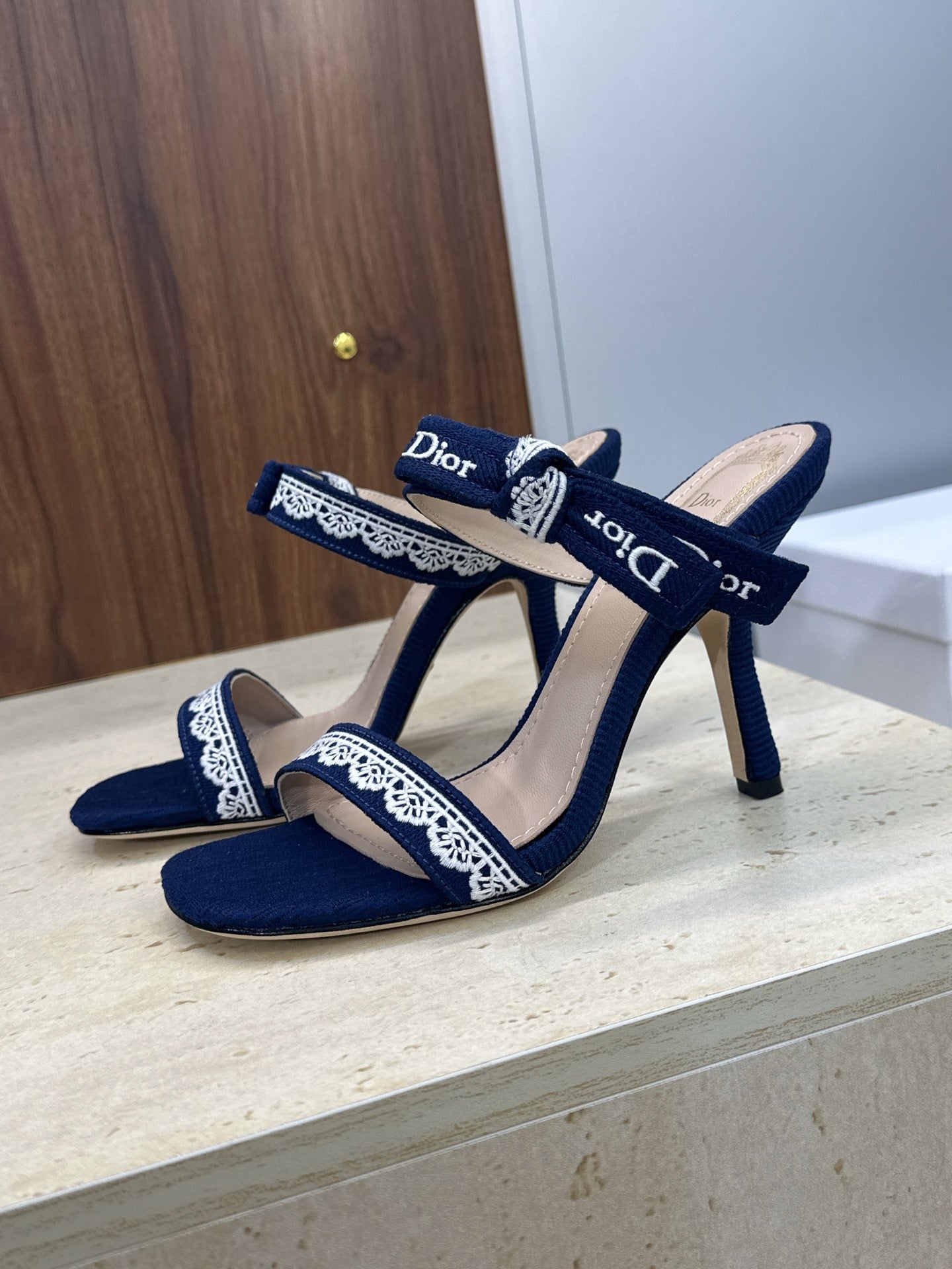 CD 26s Heeled Sandal 10cm Navy Blue Beige Leather Fabric 633070