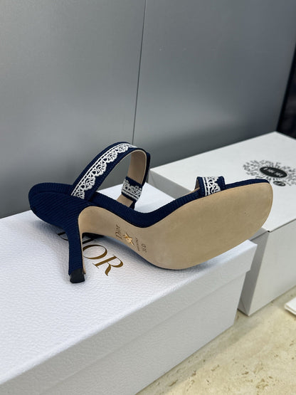 CD 26s Heeled Sandal 10cm Navy Blue Beige Leather Fabric 633070