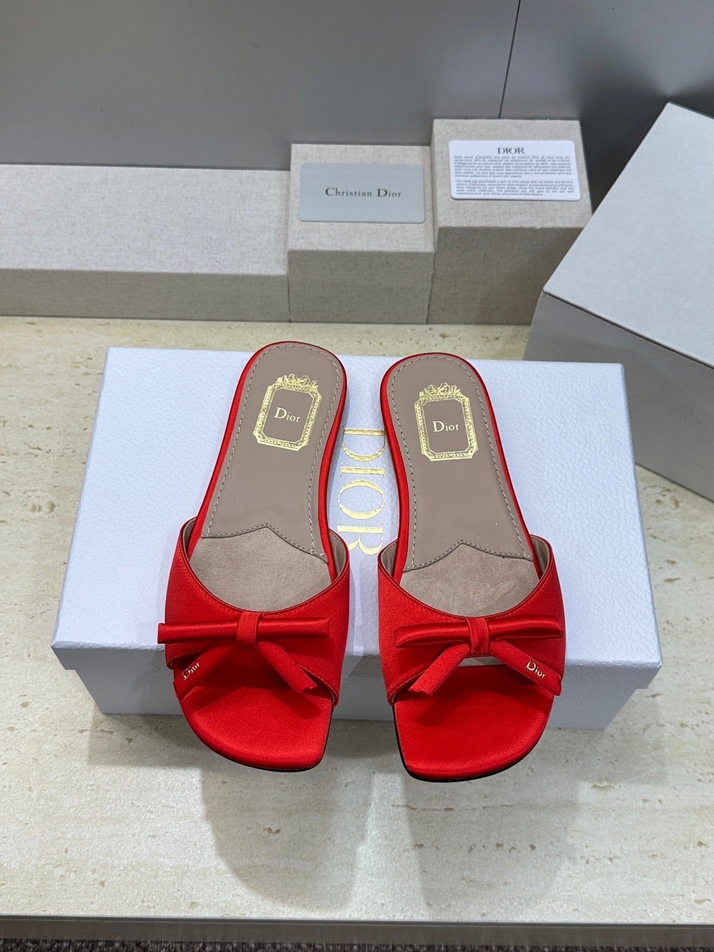 CD Dior Bow Slides Red Satin 884662