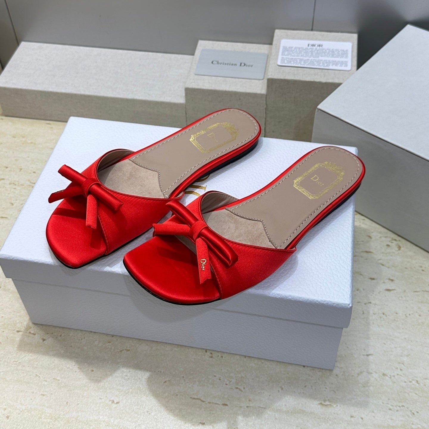 CD Dior Bow Slides Red Satin 884662