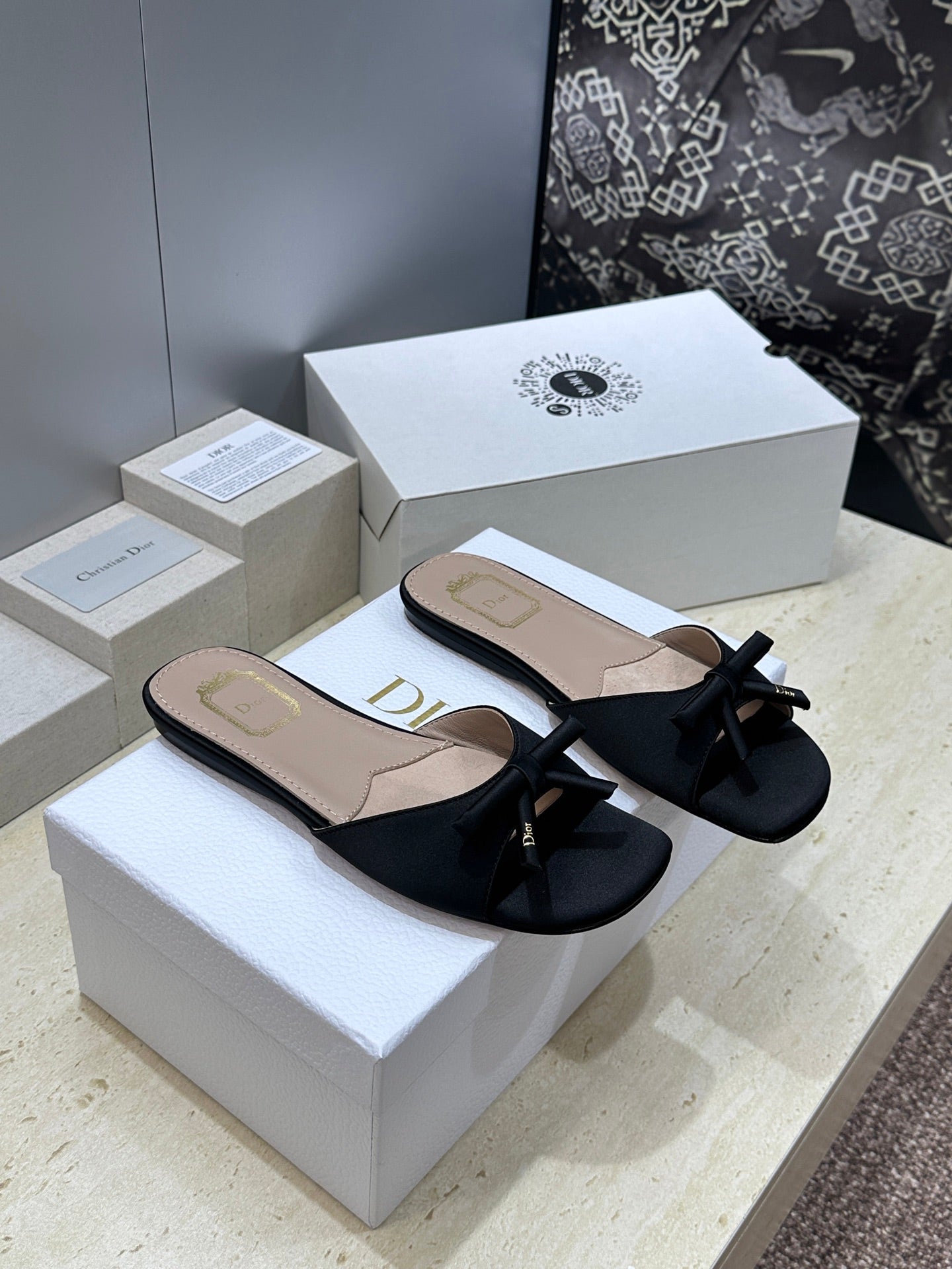 CD Dior Bow Slides Black Satin 884663