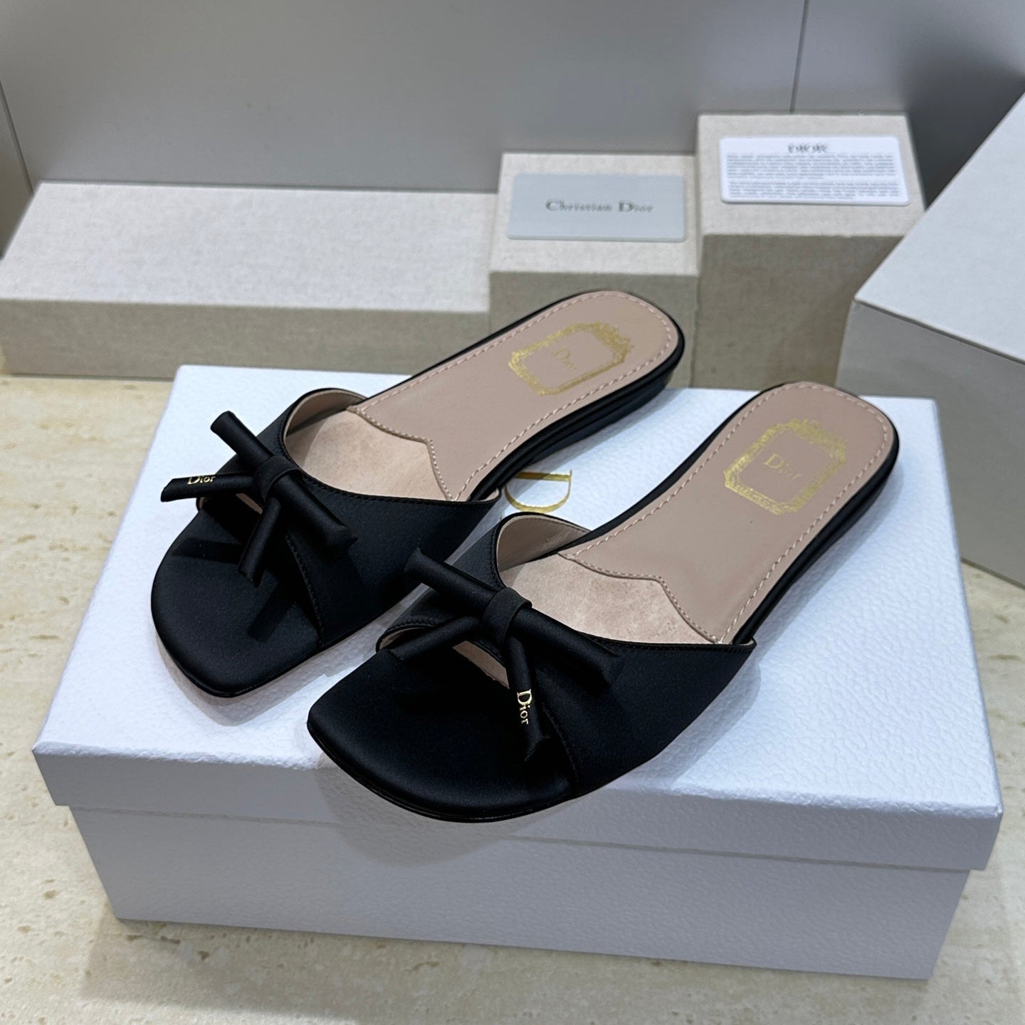 CD Dior Bow Slides Black Satin 884663