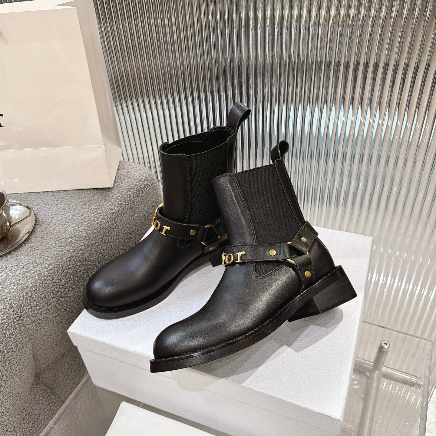 CD 26s Bolt Ankle Boot Black Ribbed Knit Calfskin 924105