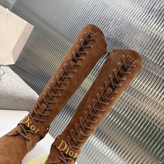 CD 26s Lace-Up Knee-High Boots Brown Suede 924103