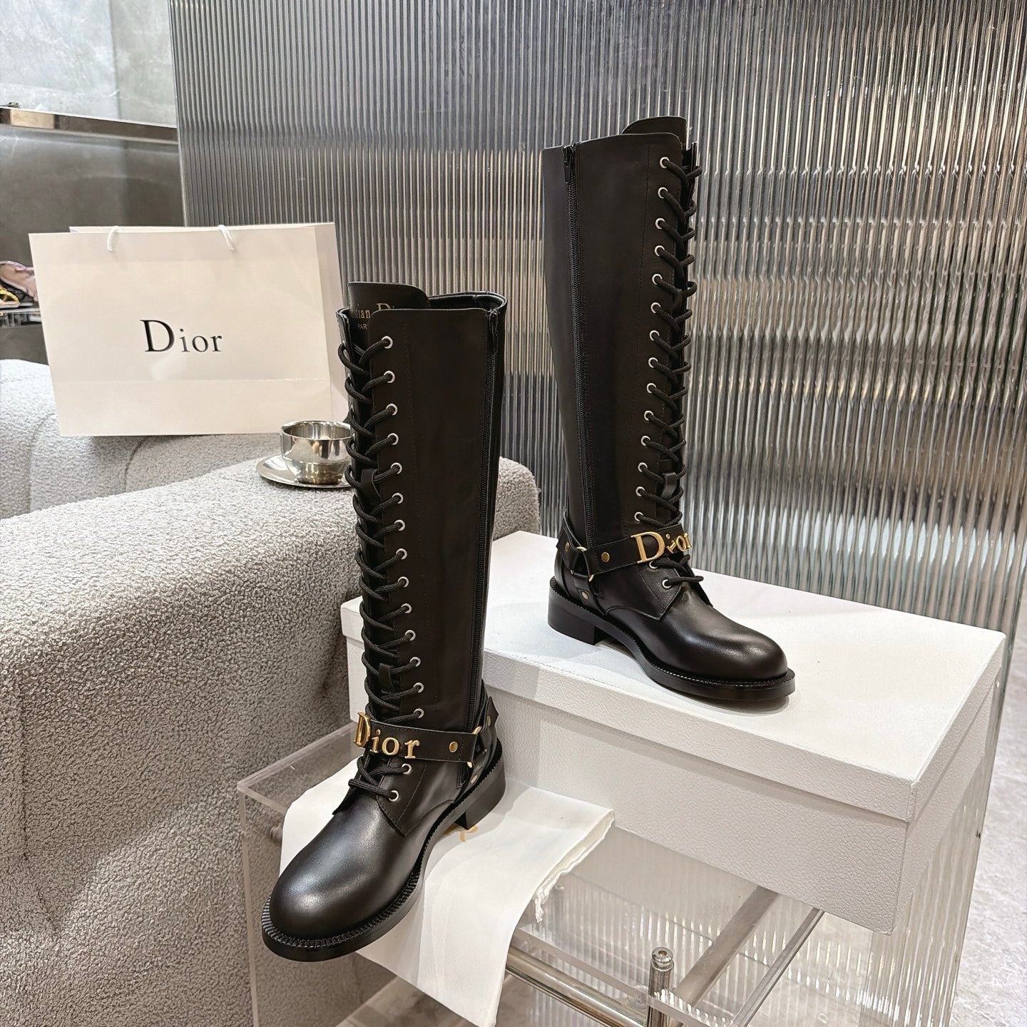 CD 26s Lace-Up Knee-High Boots Black Calfskin 924104