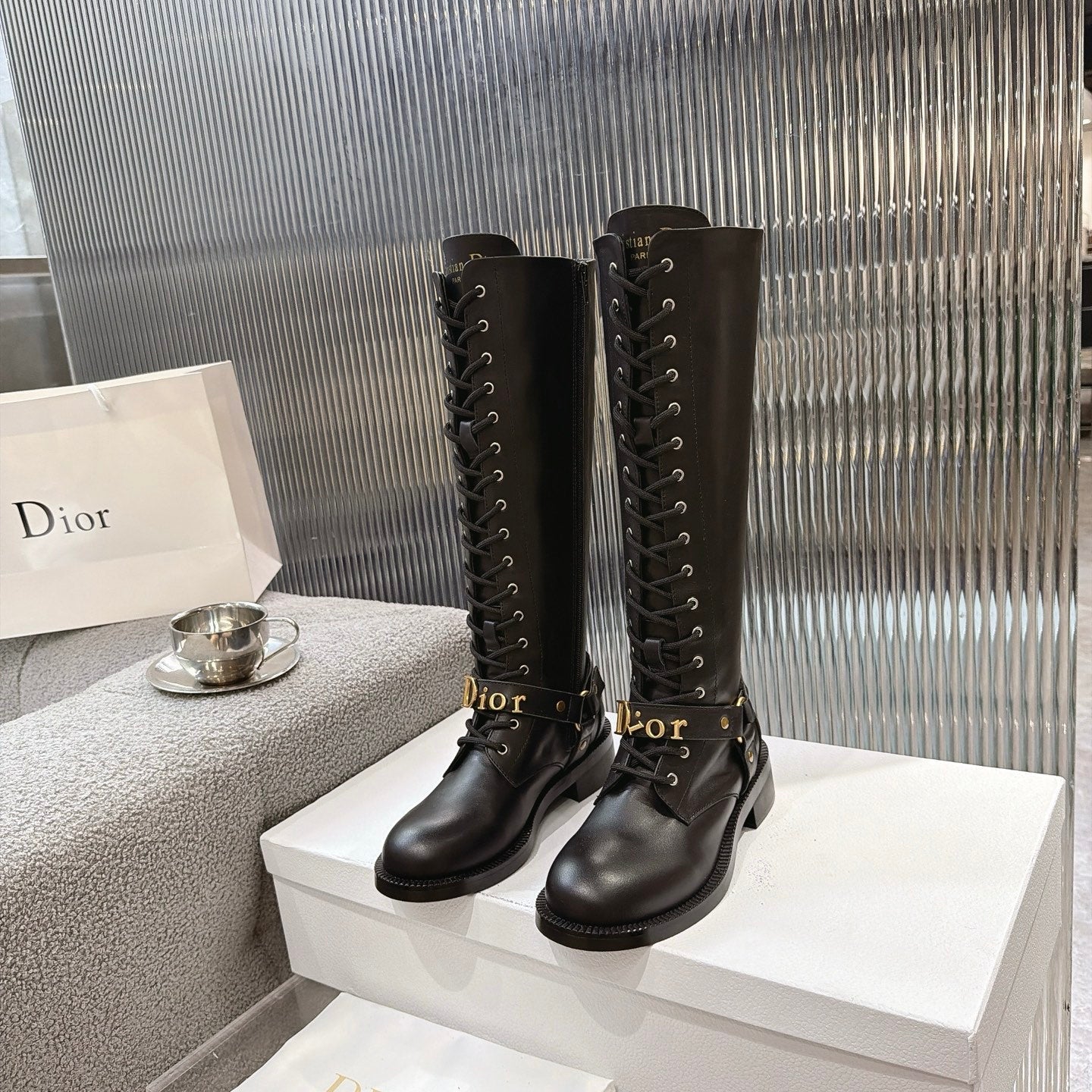 CD 26s Lace-Up Knee-High Boots Black Calfskin 924104