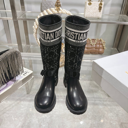 CD D-Major Boot Black Mix White Calfskin And Tweed Fabric