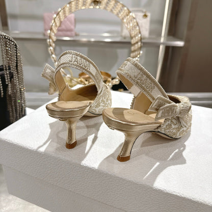 CD 26 Slingback Metallic Floral Embroidery 45mm Ivory Gold Tweed 592234
