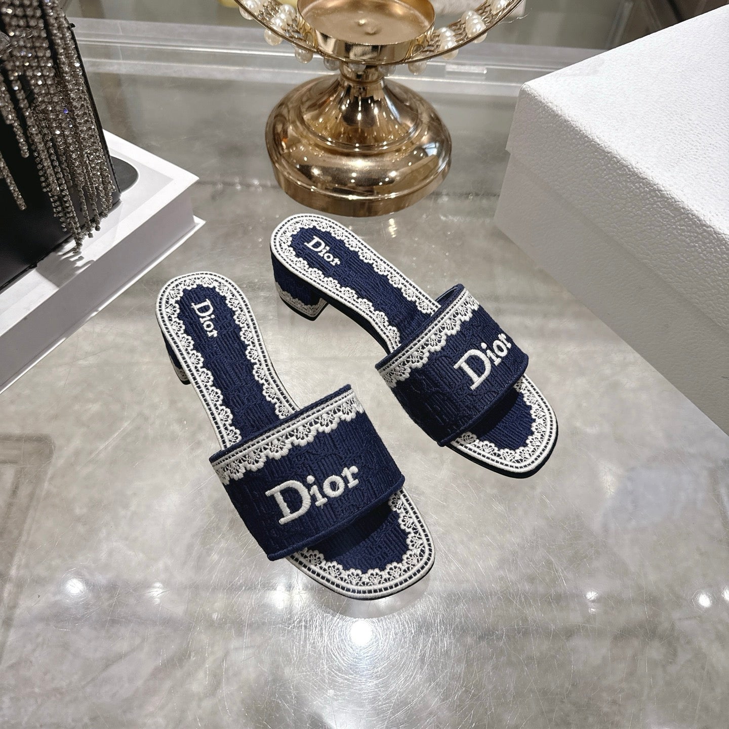 CD 26 Embroidered Sandals 45mm Dark Blue White Canvas 592238
