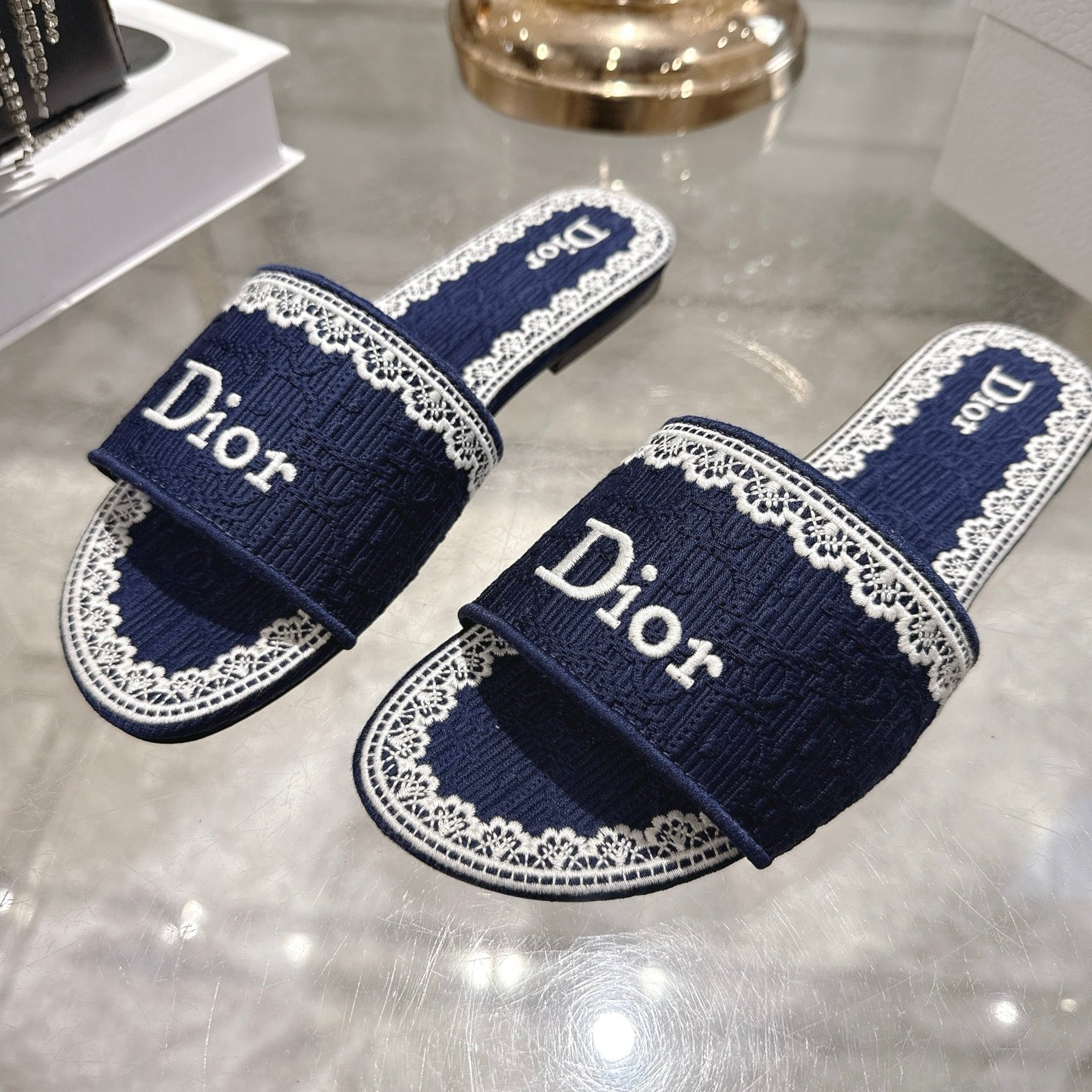 CD 26 Embroidered Sandals Blue White Canvas 592244