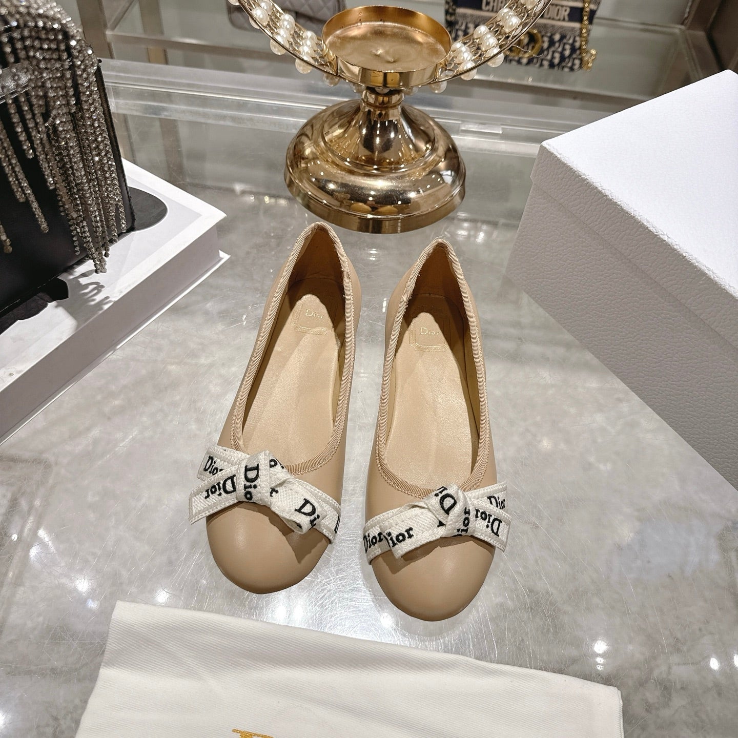 CD 26 Bow Ballet Flat Embroidered Sheepskin