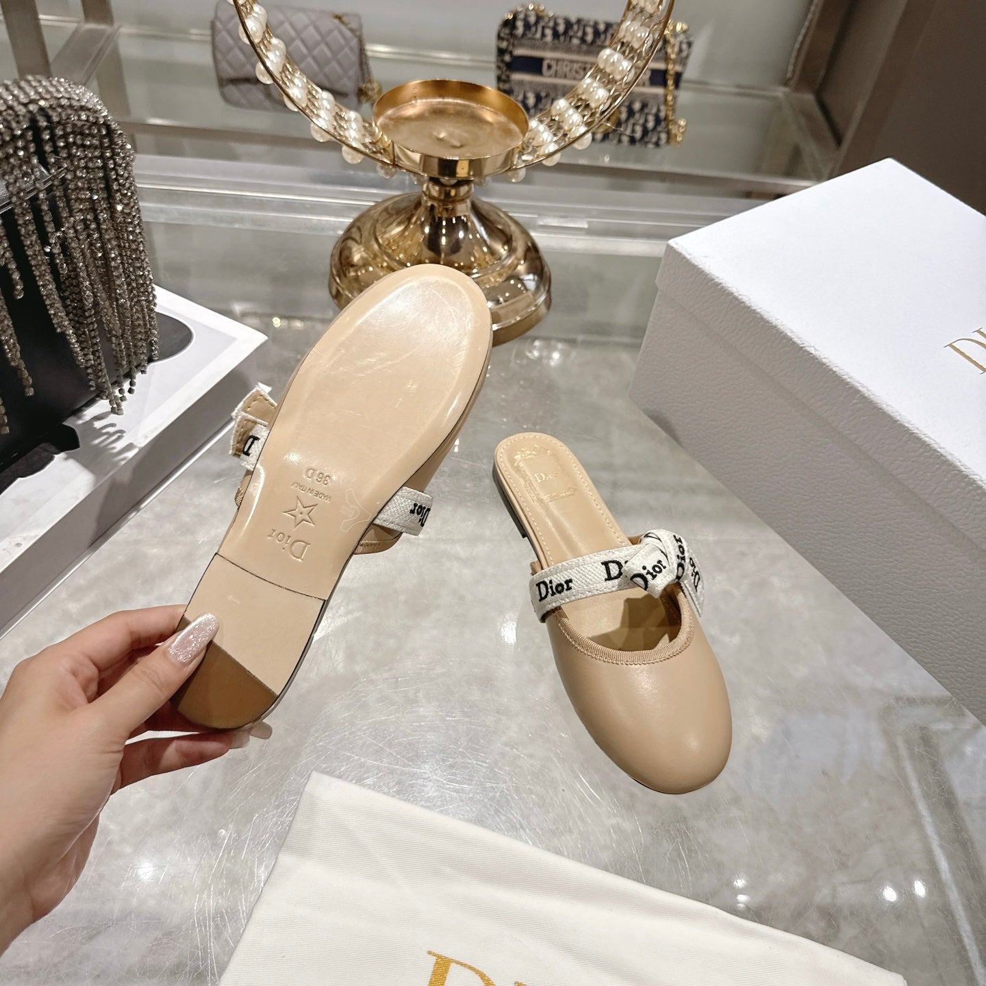 CD 26 Bow Flat Mules Embroidered Sheepskin