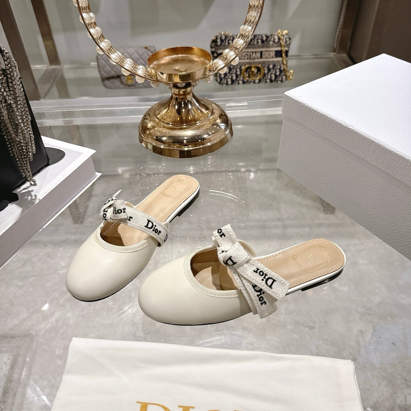 CD 26 Bow Flat Mules Embroidered Sheepskin