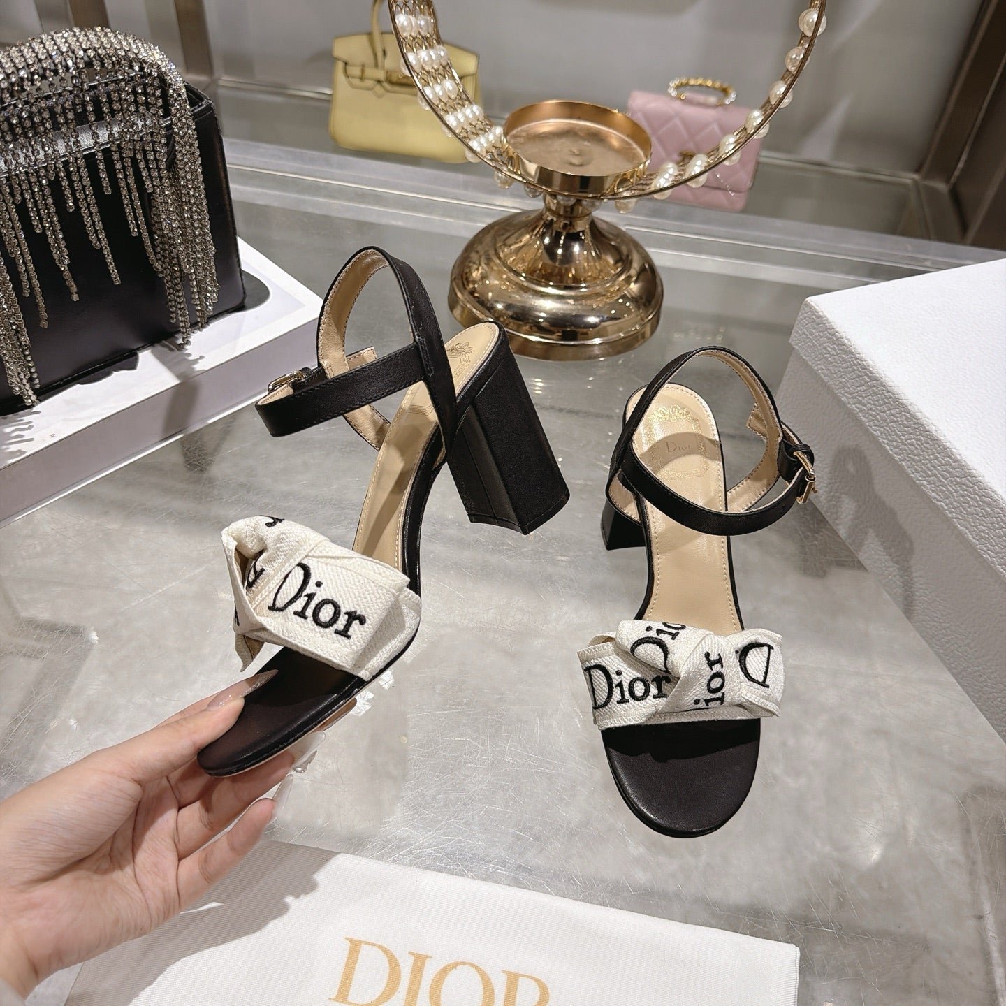CD J'Adior Sandals White Black Canvas Leather 901708