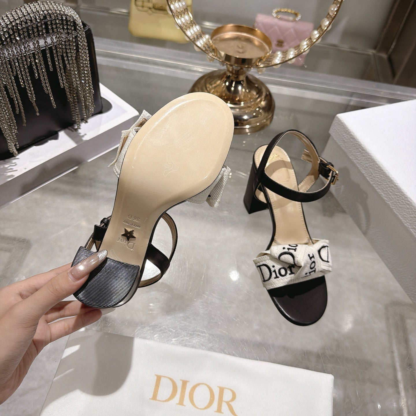 CD J'Adior Sandals White Black Canvas Leather 901708