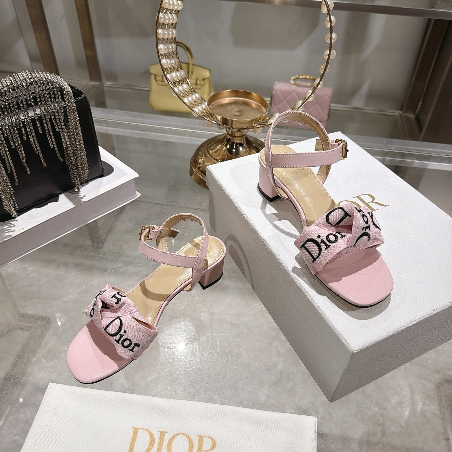 CD J'Adior Sandals Light Pink Canvas Leather 901715