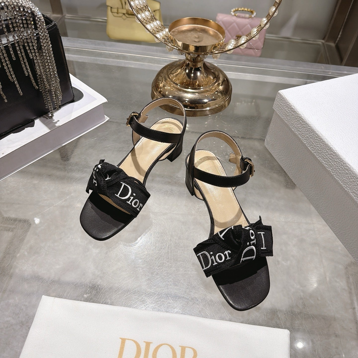 CD J'Adior Sandals Black Canvas Leather 901714