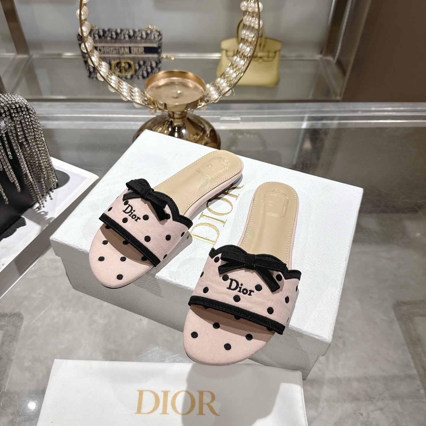 CD Dway Flat Sandal PolkaDior Light Pink Motif Cotton Leather 951361
