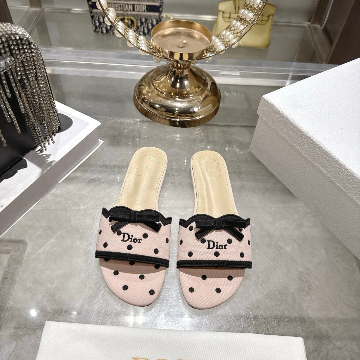 CD Dway Flat Sandal PolkaDior Light Pink Motif Cotton Leather 951361