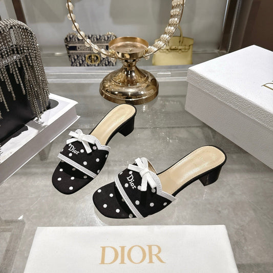 CD Dway Sandal 3.5cm PolkaDior Black Motif Cotton Leather 951356