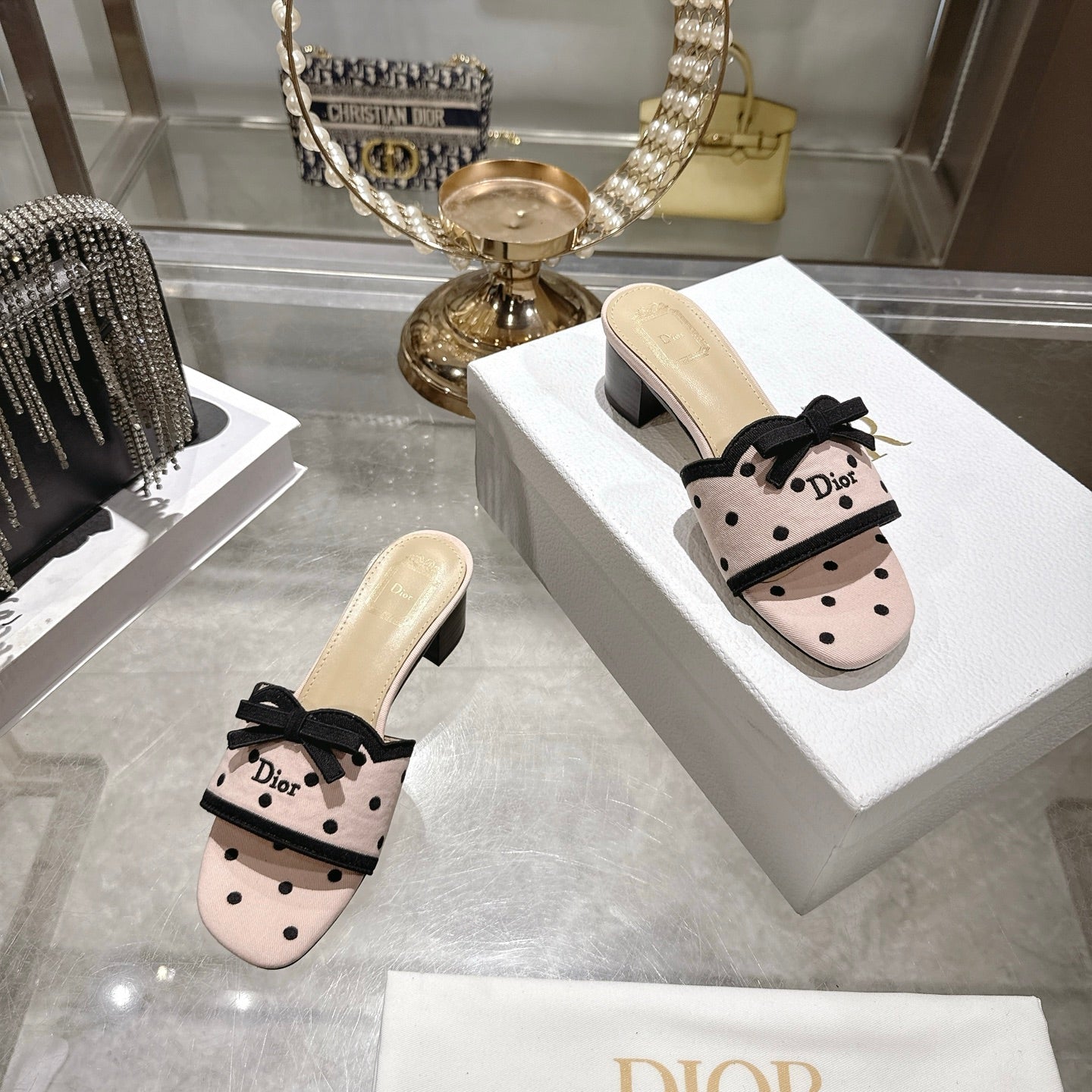 CD Dway Sandal 3.5cm PolkaDior Light Pink Motif Cotton Leather 951357