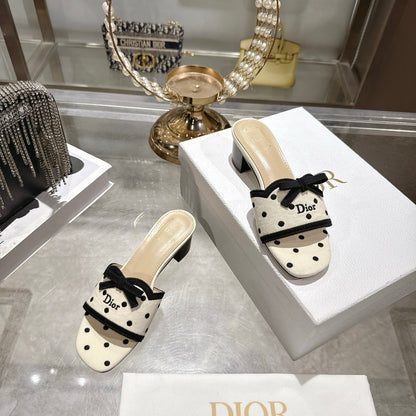 CD Dway Sandal 3.5cm PolkaDior Cream Motif Cotton Leather 951359