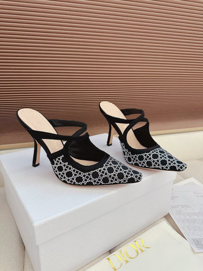 CD 26 High Heel Mule 95 Black Beige Mesh Fabric Sheepskin 614895