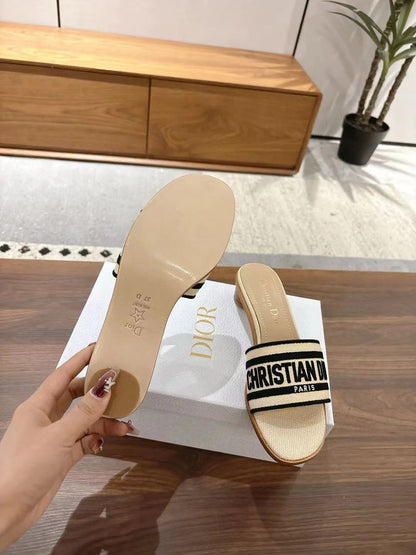 CD 26s Embroidered Sandals Beige Black Canvas Sheepskin 664322