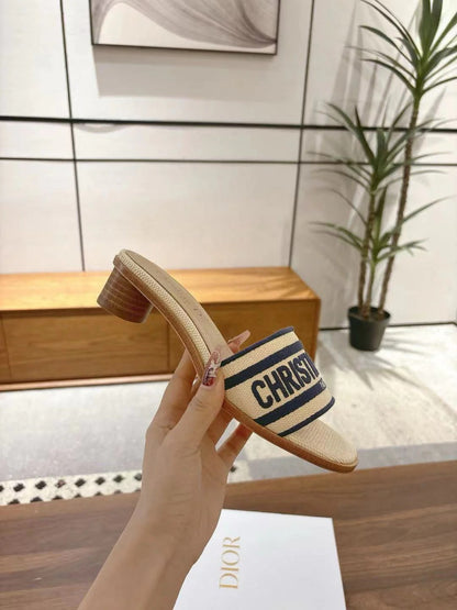 CD 26s Embroidered Sandals Beige Navy Blue Canvas Sheepskin 664321