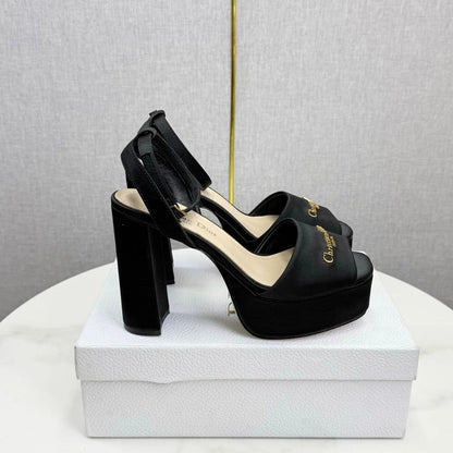 CD 26s Platform Sandals 80 Black Beige Satin Sheepskin 640230