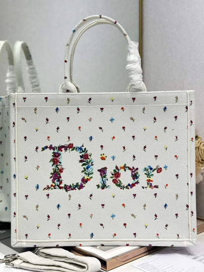 CD 2026 Book Tote Bag White Multicolor Revolution Flowers Embroidery Canvas 288406
