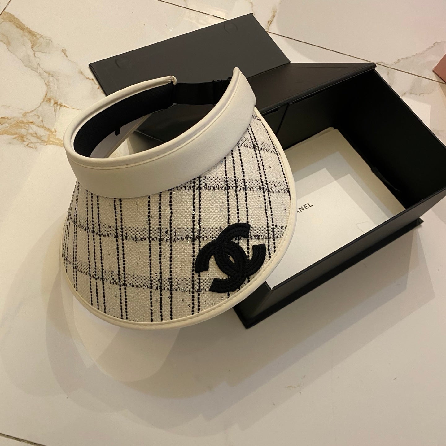 CHANEL Little Chanel Style Checkered Open-Top Hat